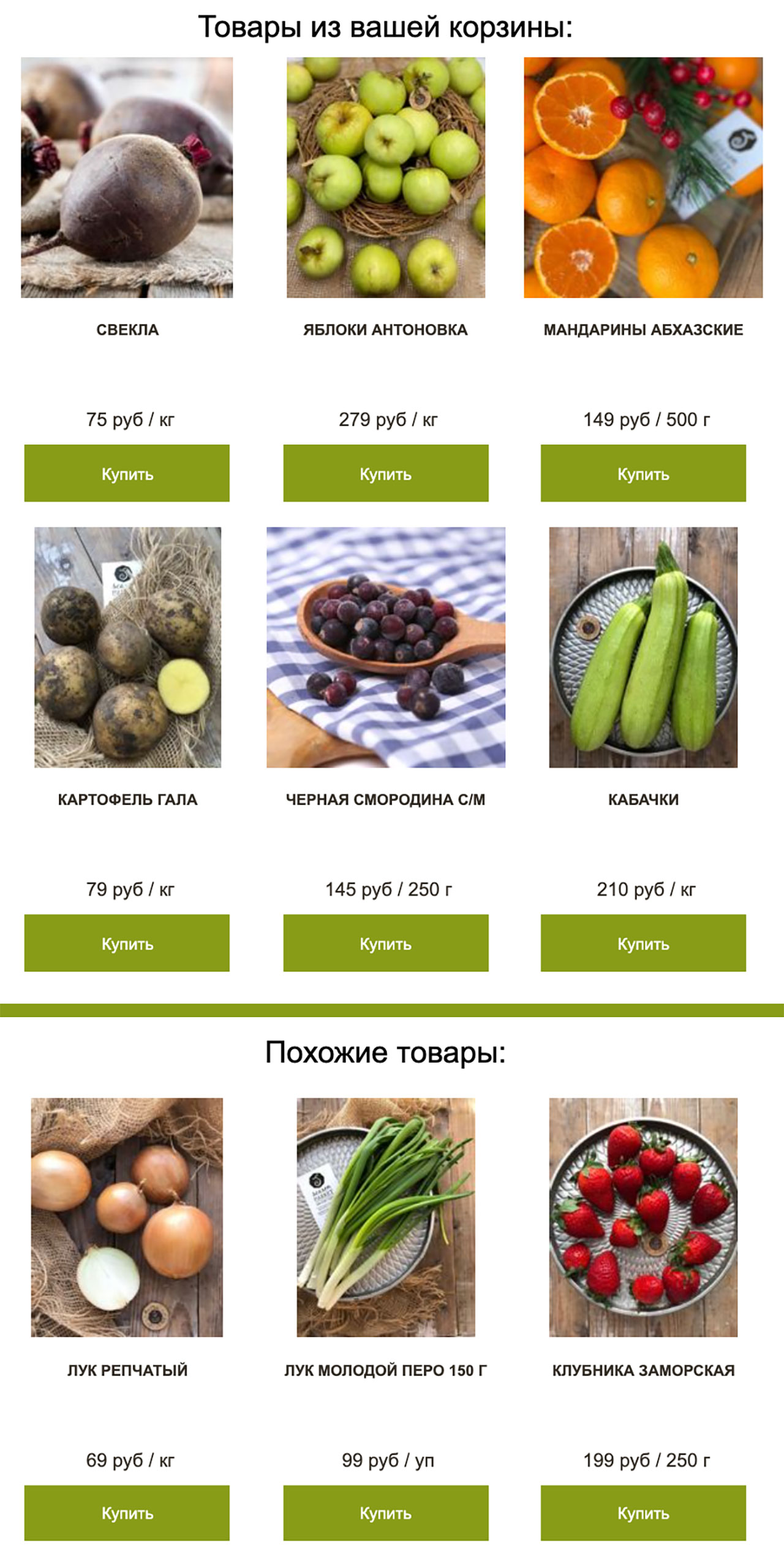 Письмо Seasonmarket с брошенной корзиной и похожими продуктами к ней