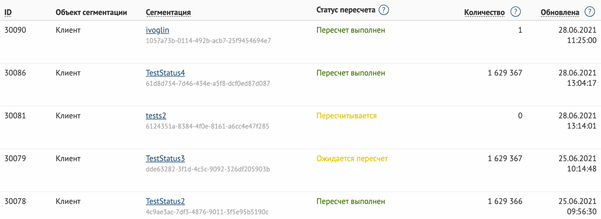 Оценить, что происходит с сегментациями, можно не вчитываясь — по цвету статуса Оценить, что происходит с сегментациями, можно не вчитываясь — по цвету статуса