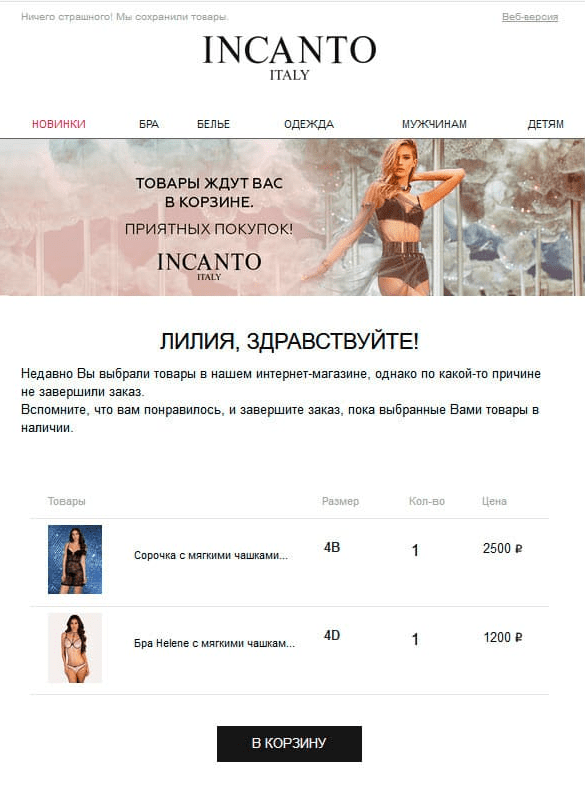 Письмо «брошенная корзина» интернет-магазина INCANTO Письмо «брошенная корзина» интернет-магазина INCANTO